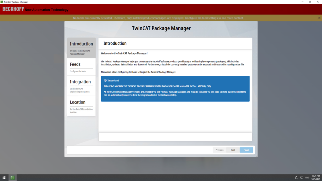 TwinCAT Package Manager 'Introduction' tab