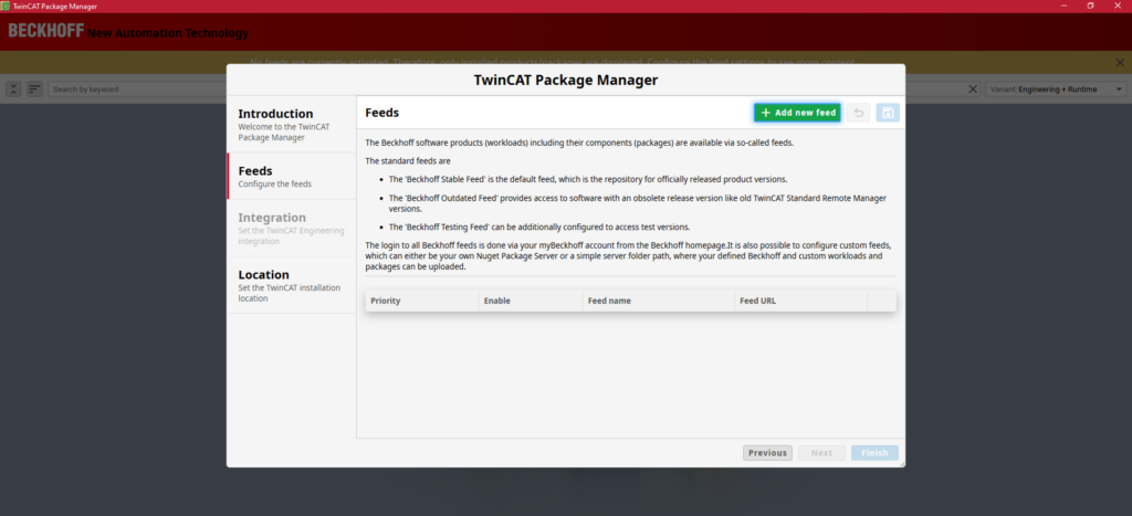 TwinCAT Package Manager 'Feeds' tab