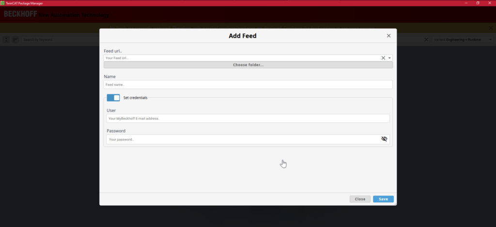 TwinCAT Package Manager 'Add Feed' window