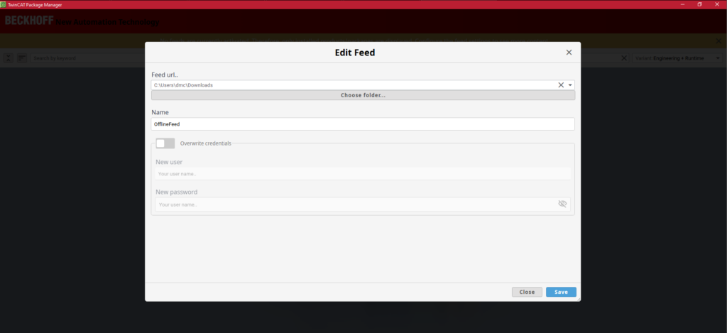 TwinCAT Package Manager 'Edit Feed' window