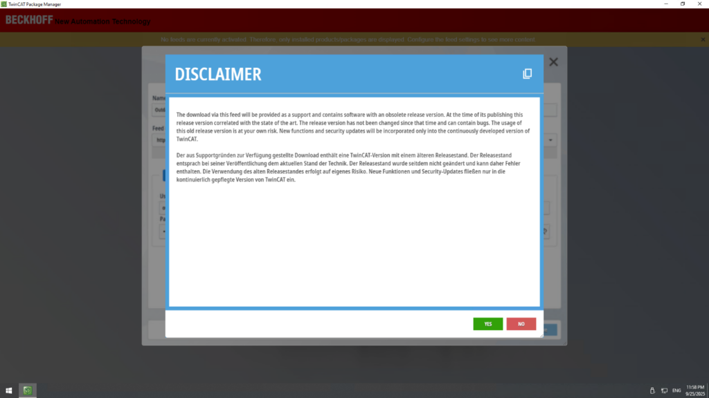 TwinCAT Package Manager 'DISCLAIMER' warning
