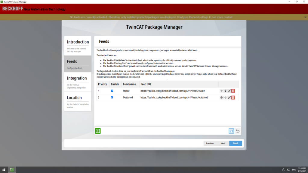 TwinCAT Package Manager 'Feeds' tab