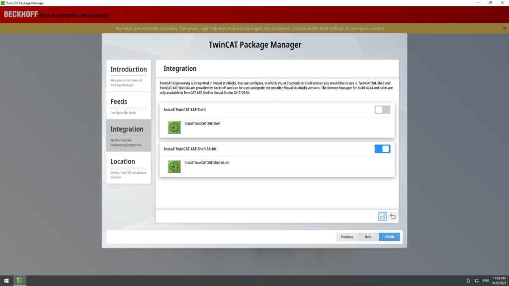 TwinCAT Package Manager 'Integration' tab