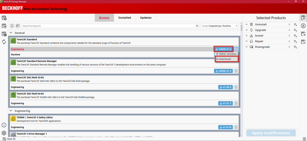 TwinCAT Package Manager download manager