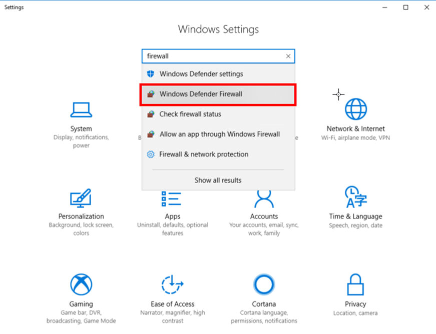 Windows Settings 'Defender Firewall'