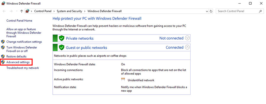 Windows Defender Firewall 'Advanced Settings'