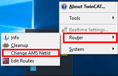 'Change AMS Netld' > 'Router' menu options