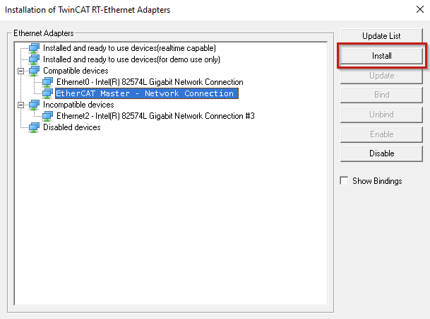 TwinCAT RT-Ethernet Adapters 'Install' button