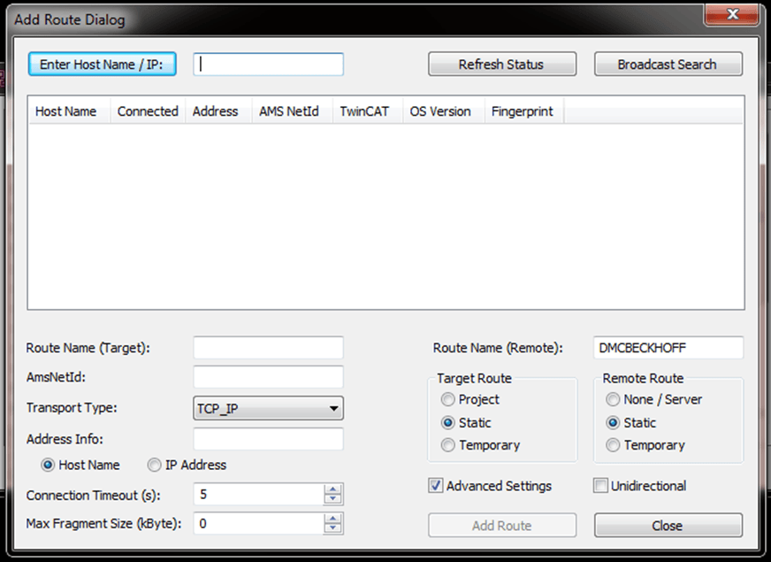 'Add Route Dialog' Beckhoff PLC programming