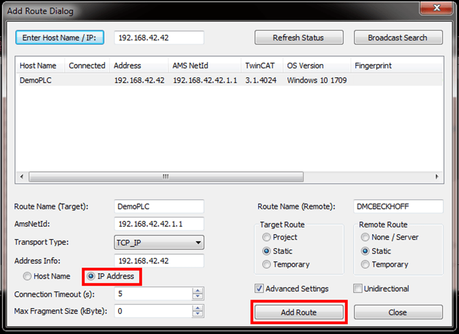 'Add Route Dialog' Beckhoff PLC programming 'Add Route' button