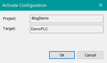 Beckhoff PLC programming 'Activate Configuration' window