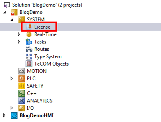 Beckhoff PLC programming 'License' menu