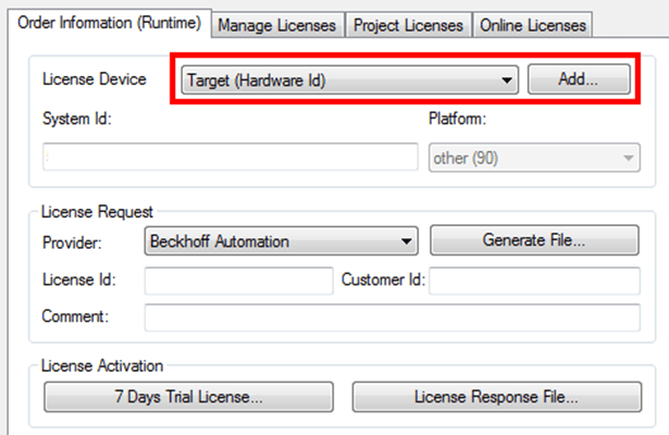 Beckhoff PLC programming 'License Device' drop down menu