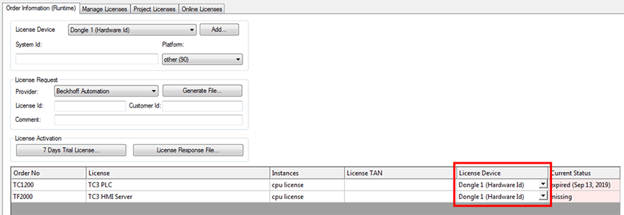 Beckhoff PLC programming license device identification