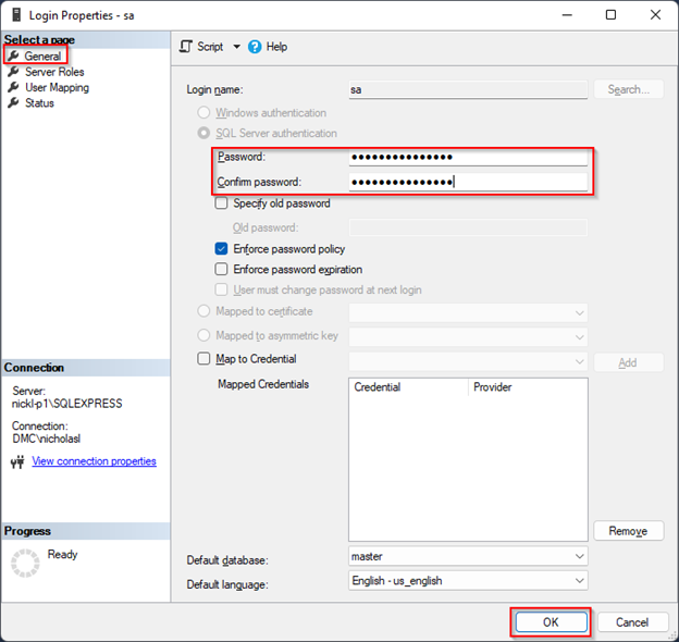 login properties - sa