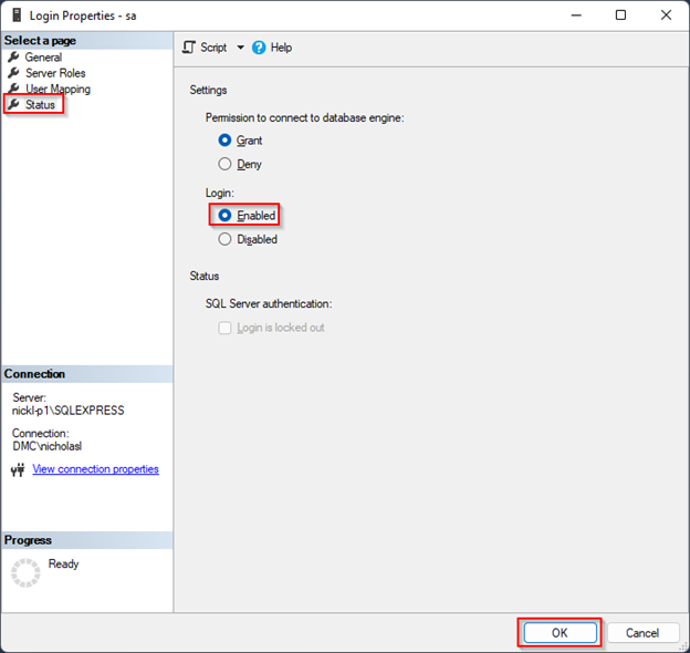 login properties status enabled