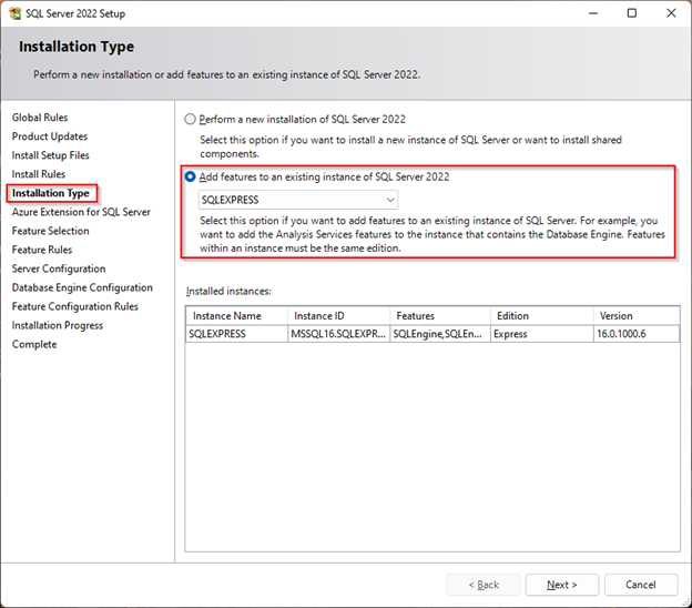 SQL Express installation type