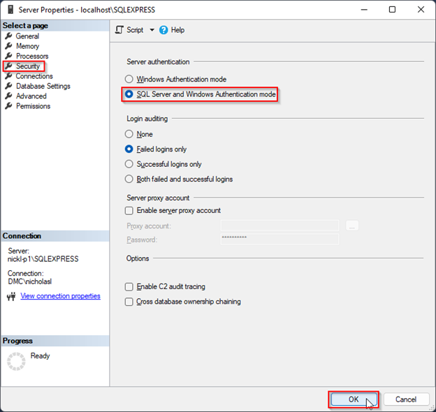 SQL Server properties SQL express