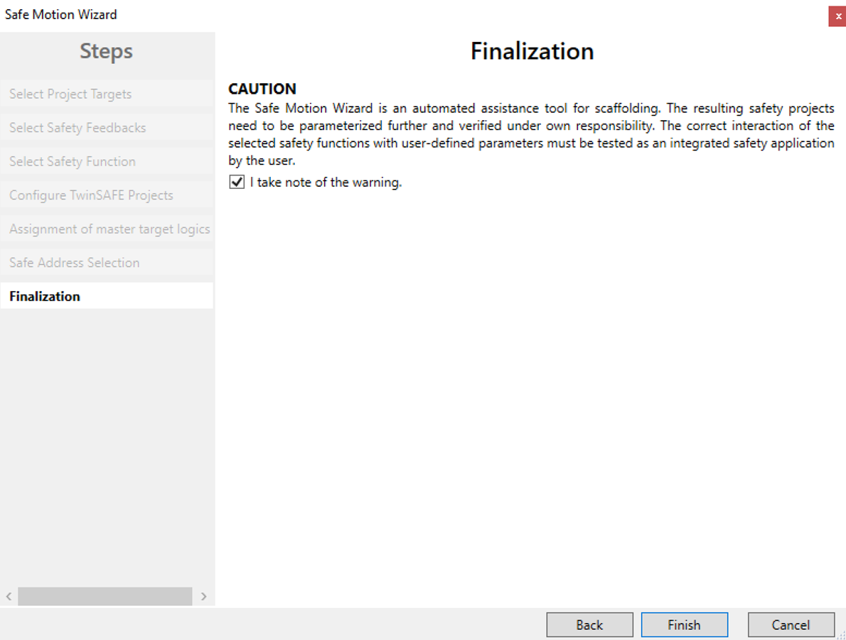 Safe motion wizard finalization