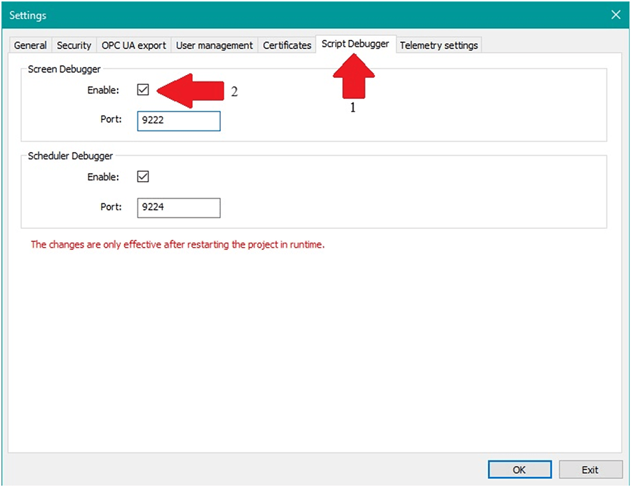 enabling debugger in simatic runtime manager setting