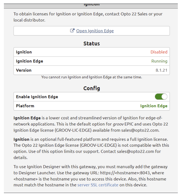 Ignition Edge setup screen