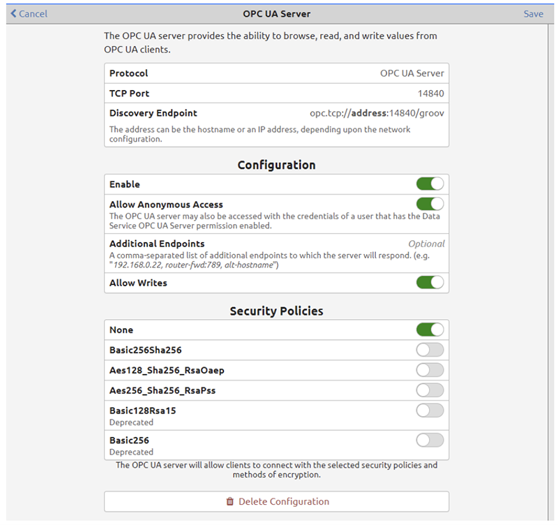 Add OPC UA server screen