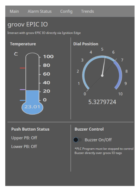 Ignition Edge main screen wiht a temperature and dial indicator