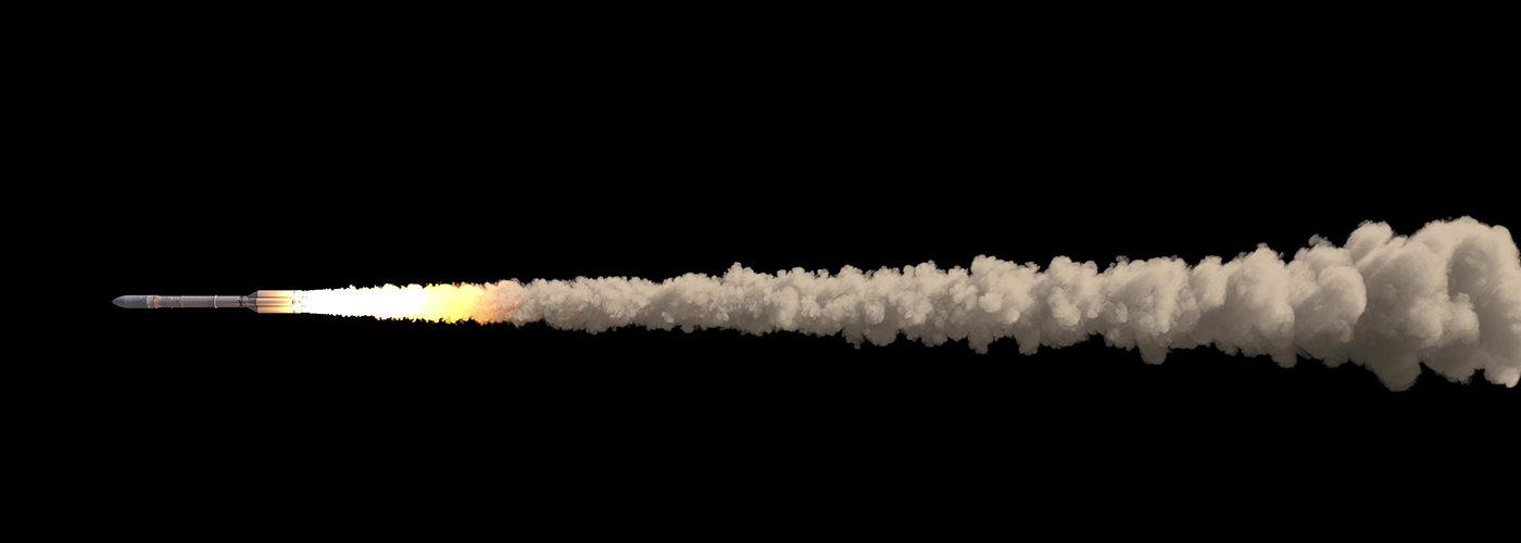 rocket in space with trail of smoke