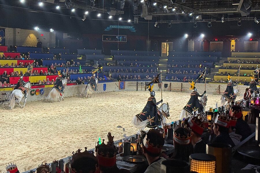 Knights on horseback in an arena