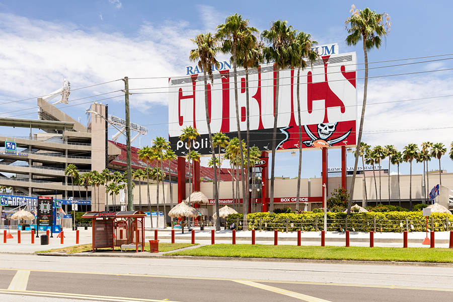 Tampa Bay Buccaneers stadium with palm trees