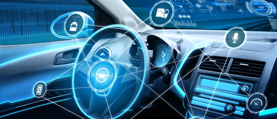 Futuristic image inside a car driver seat with interconnected technology