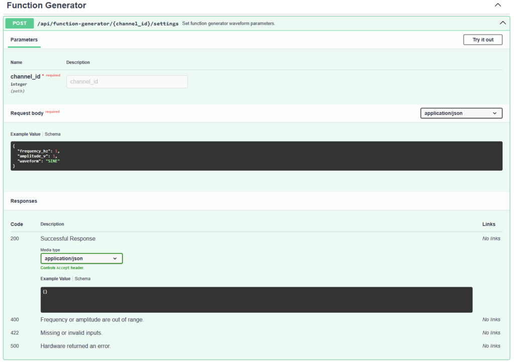 Function generator test itnerface