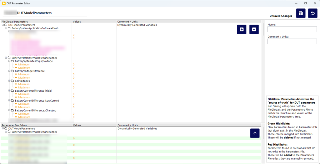 Figure 7: DUT Parameters Editor for configuring variables on specific product models, enabling reuse on a shared test sequence