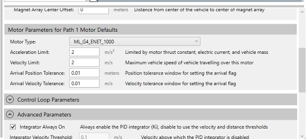 MagneMotion motor parameters interface
