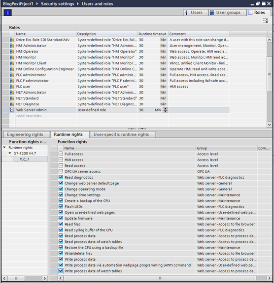 PLC security settings user-roles