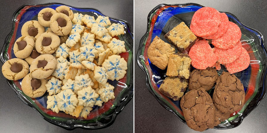 Two photos of decorated cookies on a plate