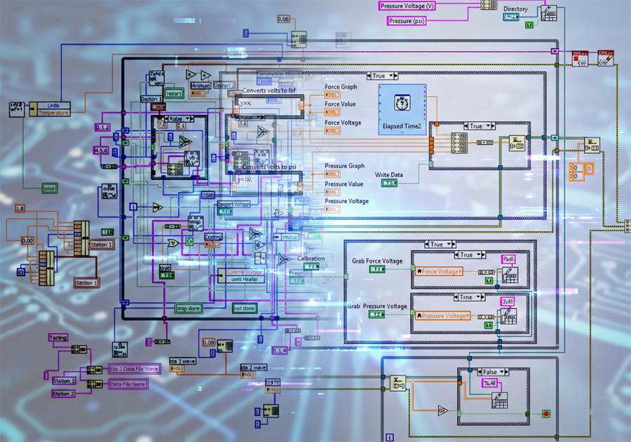 Colorful lines of LabVIEW code on a screen
