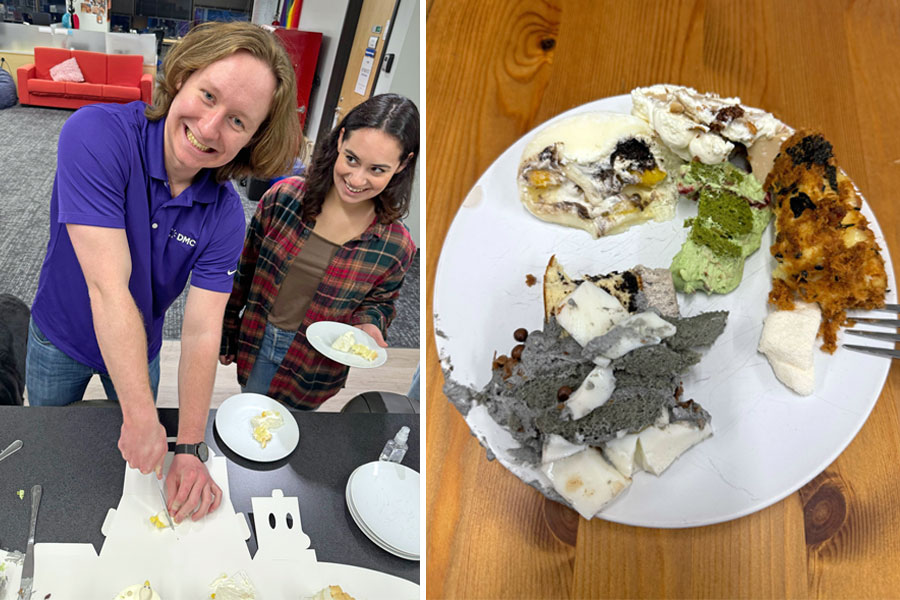 People slicing cake and a plate of cake