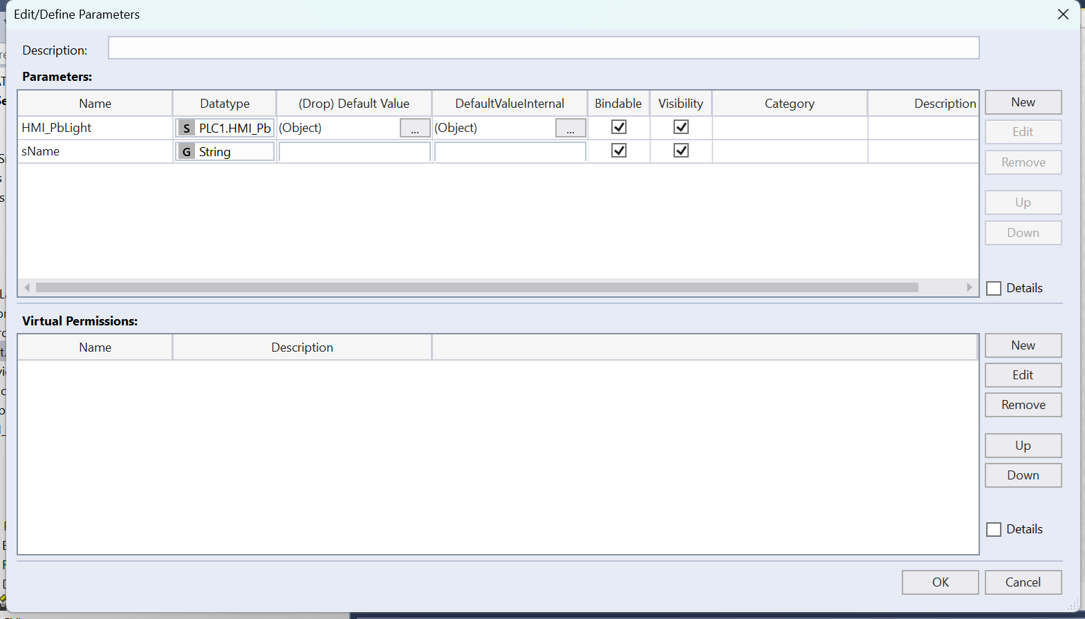 Image shows the Edit/Define Parameters dialog window in TwinCAT HMI engineering software.