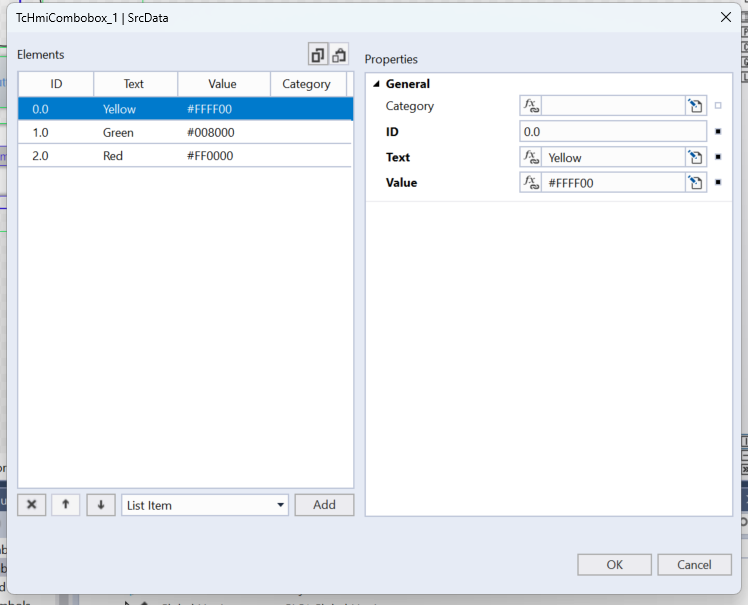 Configuration dialog box for a TwinCAT HMI ComboBox control, allowing a user to add color entries for different system states.