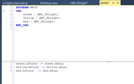 Image of s a Structured Text (ST) program, likely within a PLC environment like TwinCAT or CODESYS, used to control light indicators.