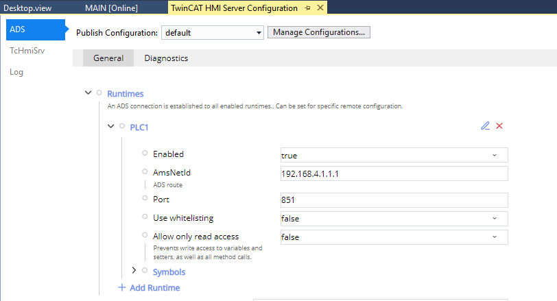 Image showing and ADS (Automation Device Specification) configuration screen within the TwinCAT HMI Server Configuration.