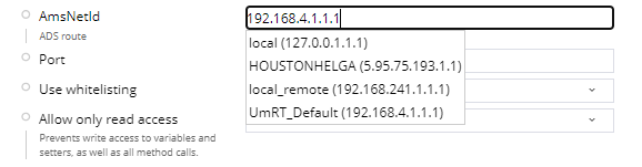 Image of a configuration screen for industrial network communication showing AMS Net ID field, selectable IP address options, and a setting to allow read-only access for connected devices.