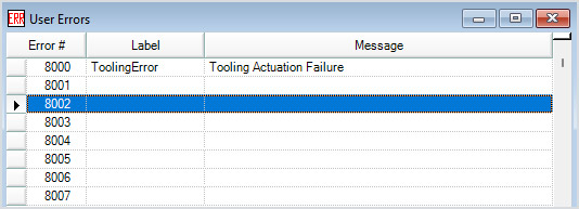 Software interface titled "User Errors," which lists specific error codes, labels, and messages, currently highlighting error 8002.