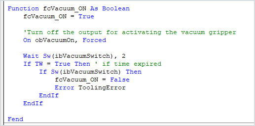 A function written in Epson RC+ (SPEL+) language, used for controlling a robotic vacuum gripper.