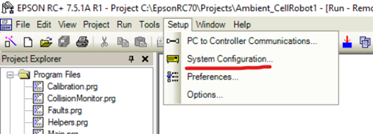 Epson RC+ Setup menu dropdown.