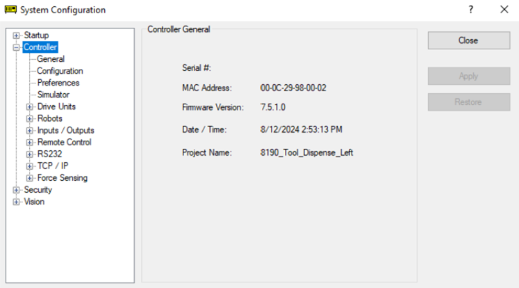 Epson RC+ Controller menu.