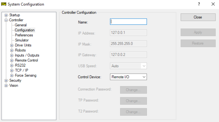 Epson RC+ Controller Configure tab.