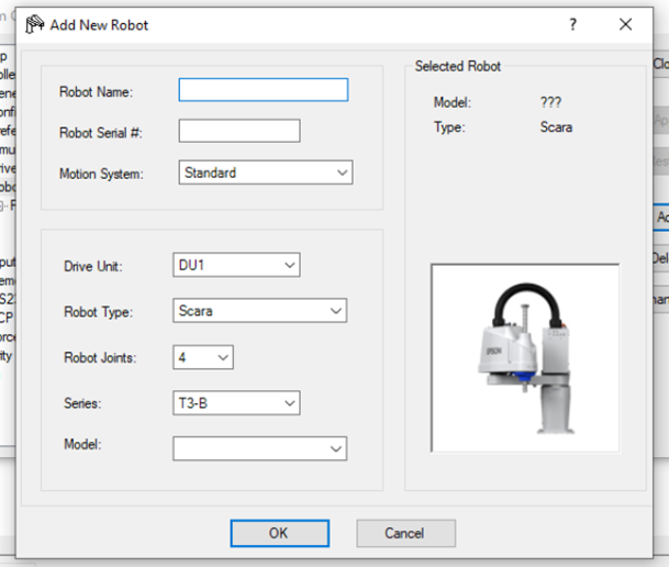 Epson RC+ 'Add a New Robot' pop-up window.