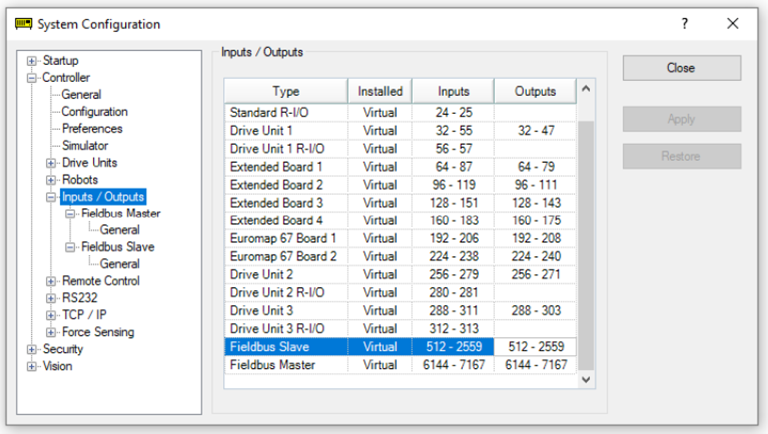 Epson RC+ Inputs/Outputs Tab